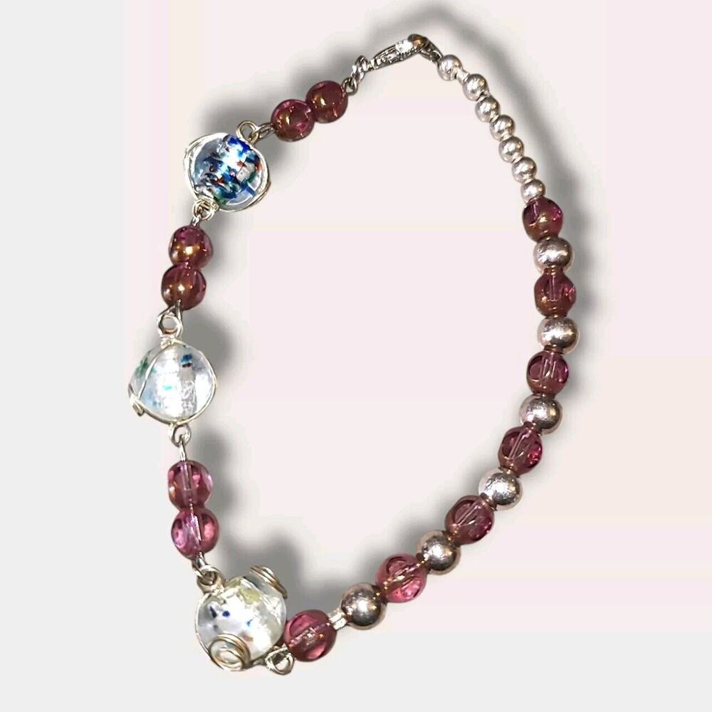 Vintage Wire Wrapped Lampwork Glass Bead Bracelet 9"